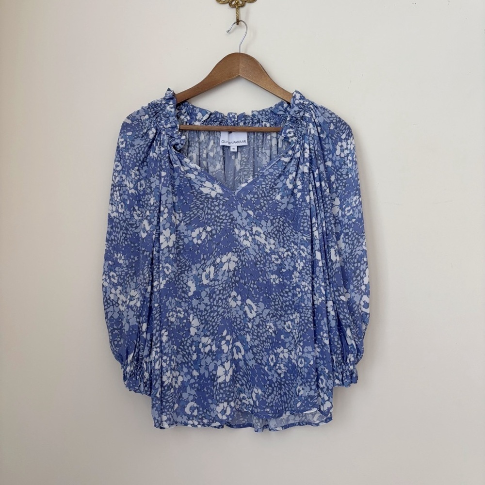 Gilner Farrar Blue Floral Ellie Balloon Sleeve Blouse XS Summer Boho